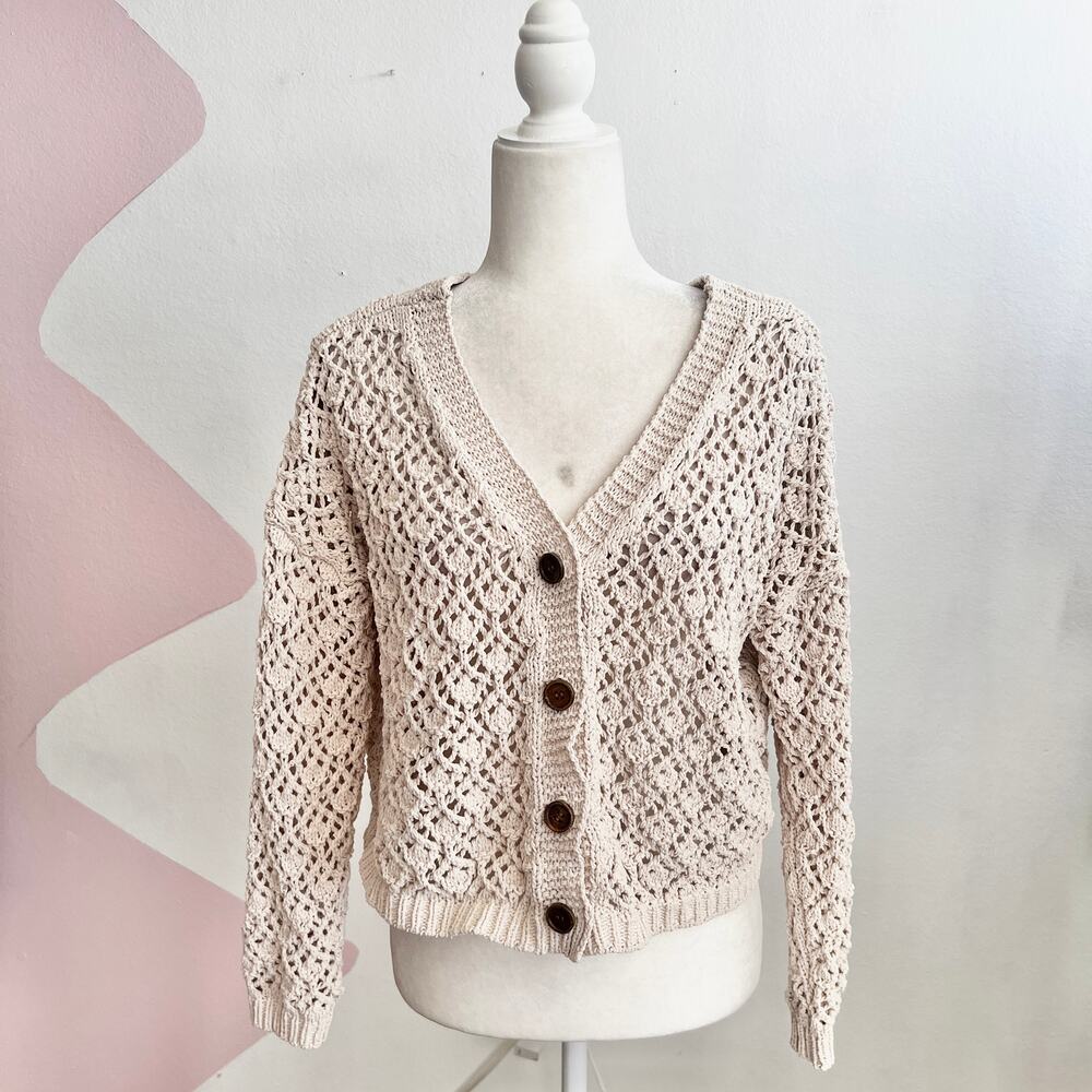 Cream Crochet Cardigan, Boho Romantic Vintage Coastal Cowgirl Festival Large